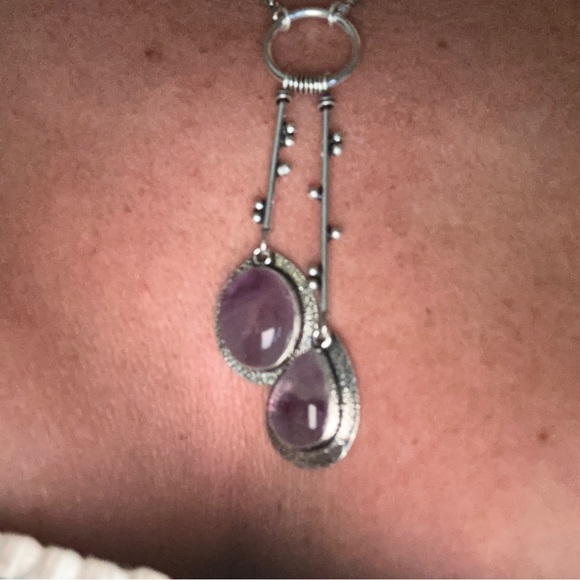 Modern Amethyst Solar dangle multi-gem handmade statement Necklace - Picture 7 of 13